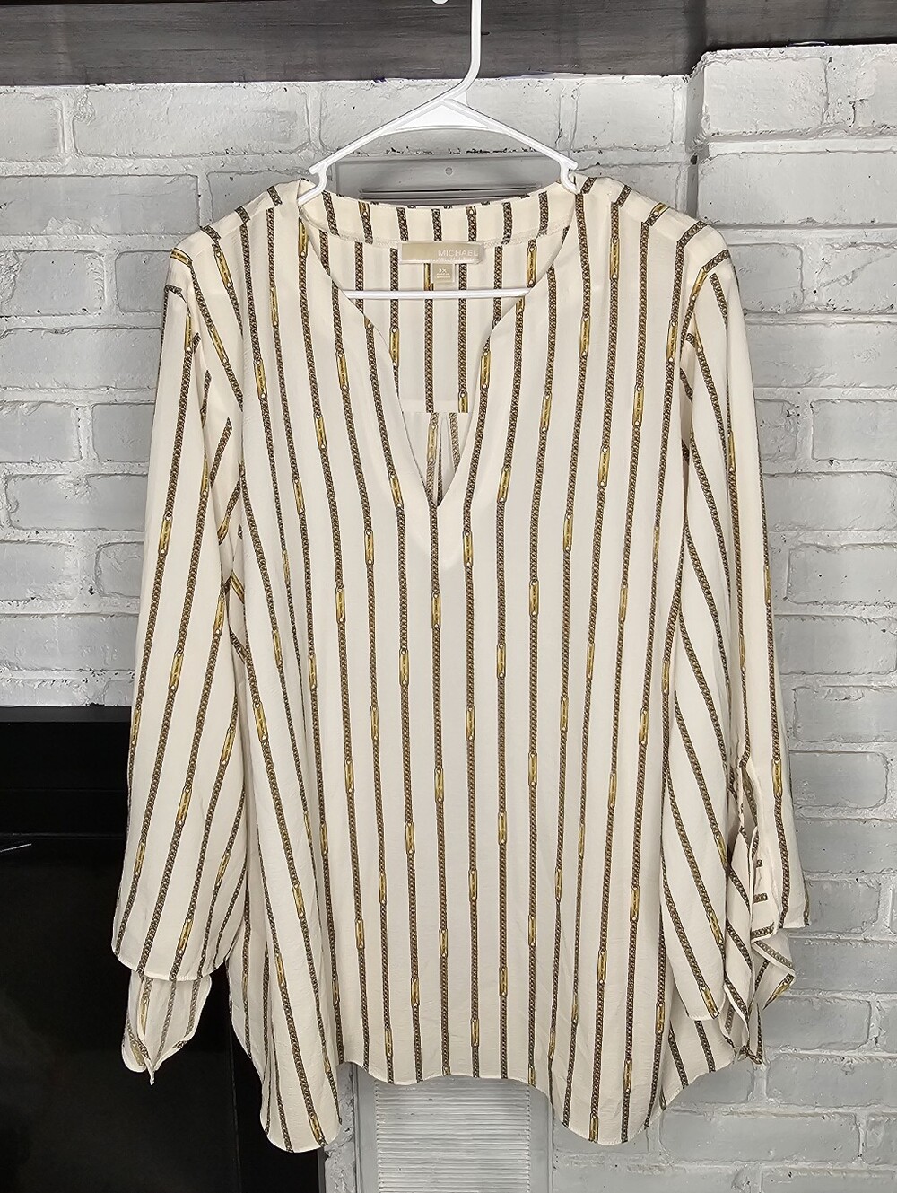 Michael Kors Cream Blouse with Brown and Gold Chain Stripes